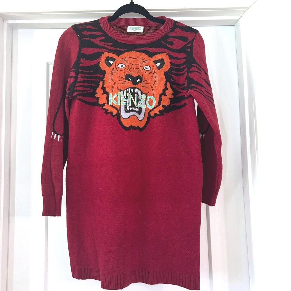 Kenzo Paris Red Tiger Intarsia Knit Sweater Dress Long Sleeve Graphic Luxury